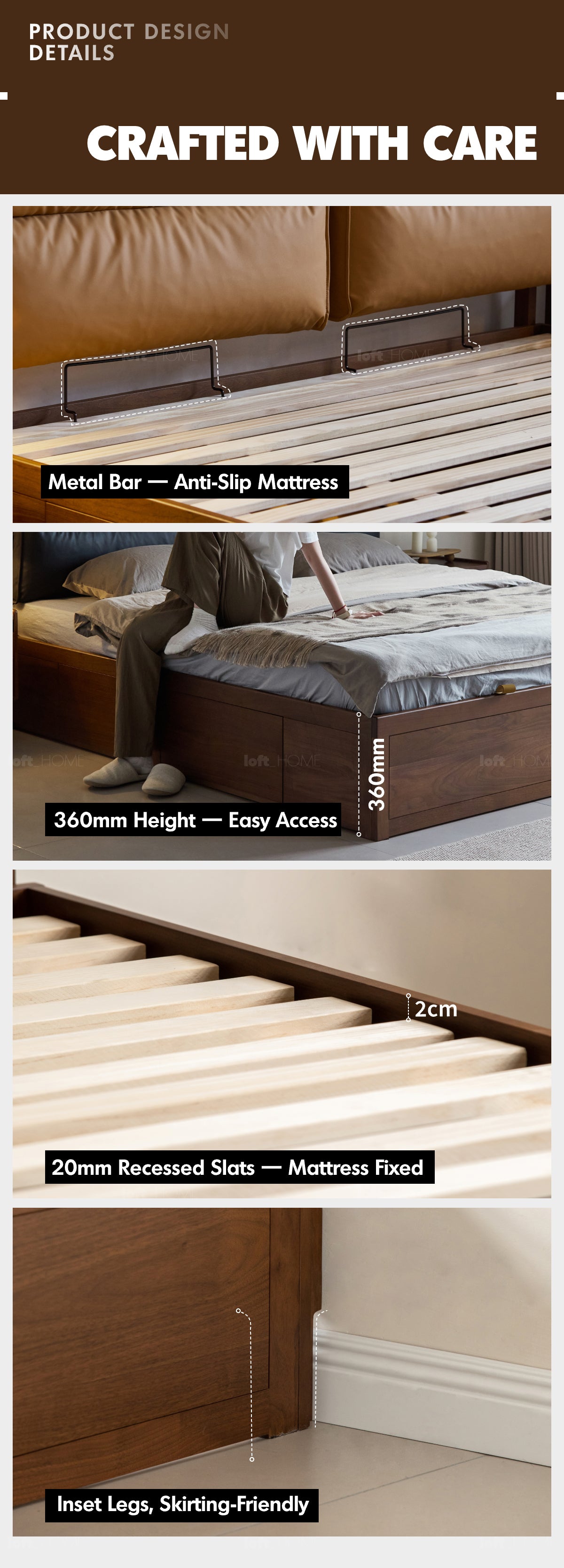 Japandi Walnut Wood Cushion Lift-Up Storage Bed With Drawer KANGAROO More Details and Instruction_9