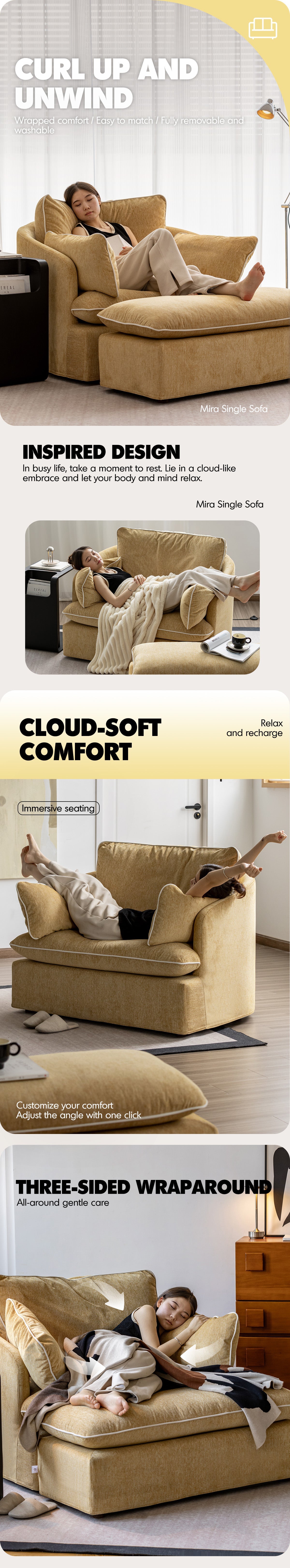 Scandinavian Chenille Velvet Fabric 1 Seater Sofa MIRA More Details and Instruction