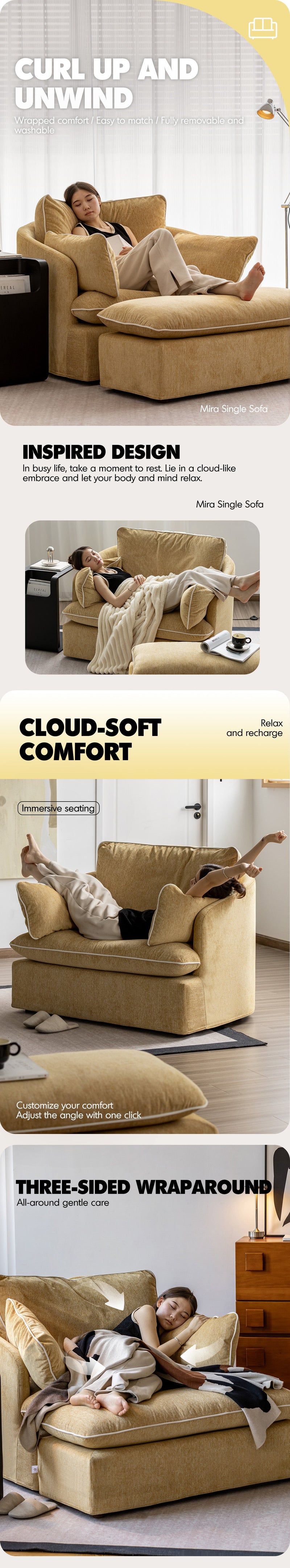 Scandinavian Chenille Velvet Fabric 1 Seater Sofa MIRA More Details and Instruction