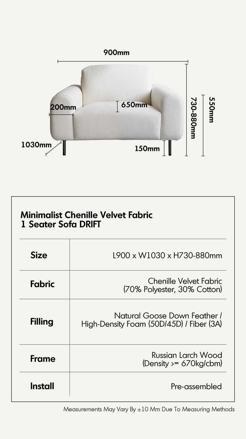 Minimalist Chenille Velvet Fabric 1 Seater Sofa DRIFT More Details and Instruction_17