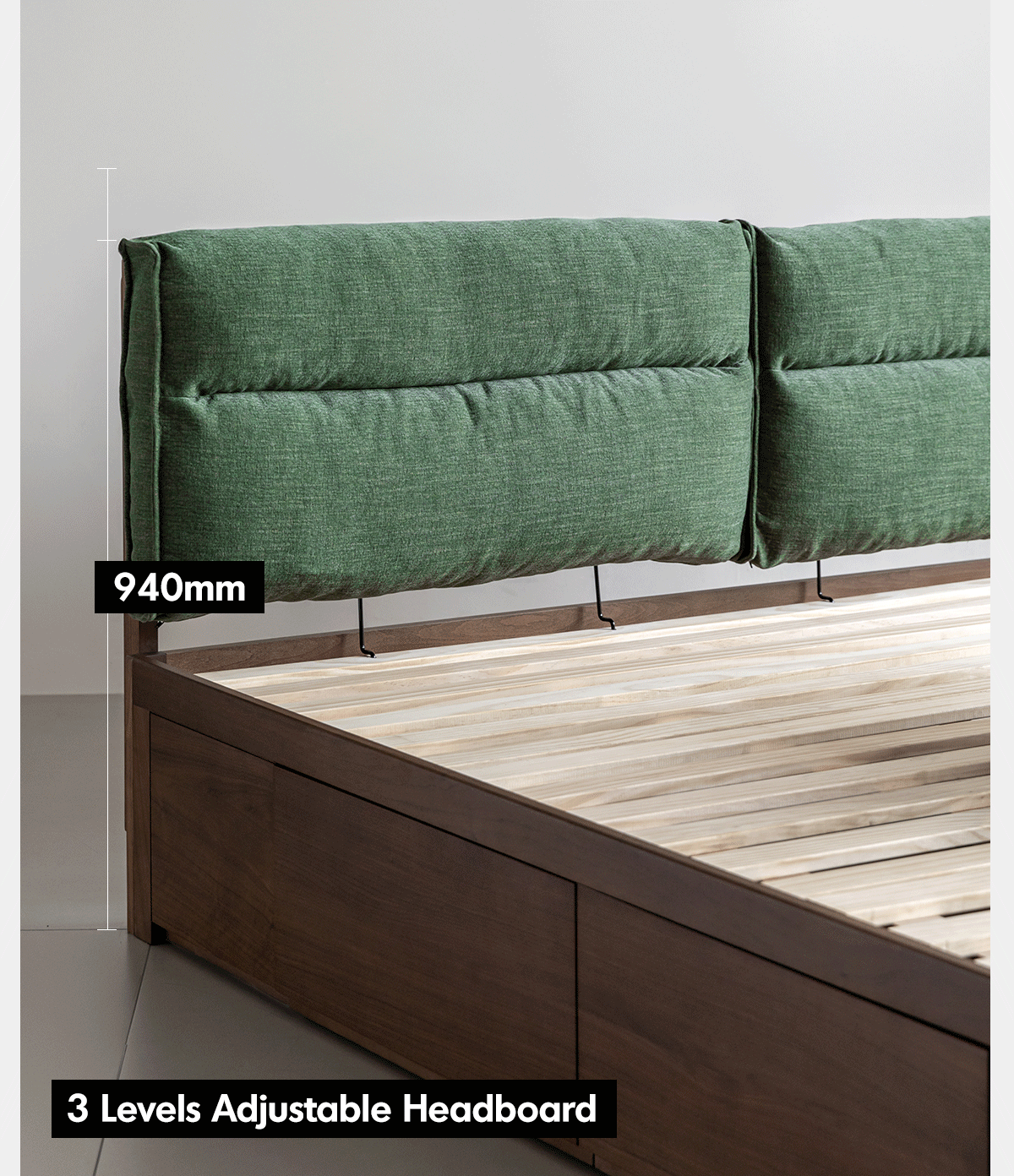 Japandi Walnut Wood Cushion Lift-Up Storage Bed With Drawer KANGAROO More Details and Instruction_10