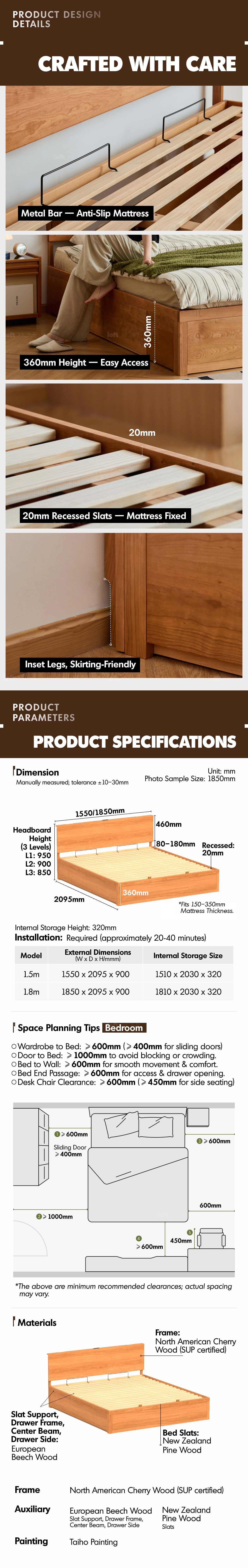 Scandinavian Cherry Wood Lift-Up Storage Bed With Drawer KANGAROO More Details and Instruction_10