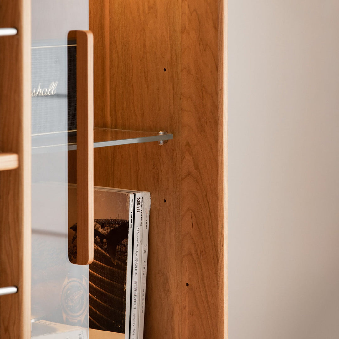 Scandinavian cherry wood side cabinet vista environmental situation.