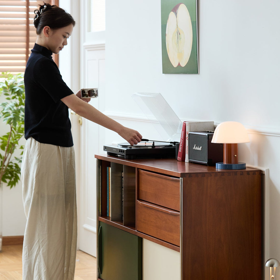 Bauhaus boxwood side cabinet silver wing in panoramic view.
