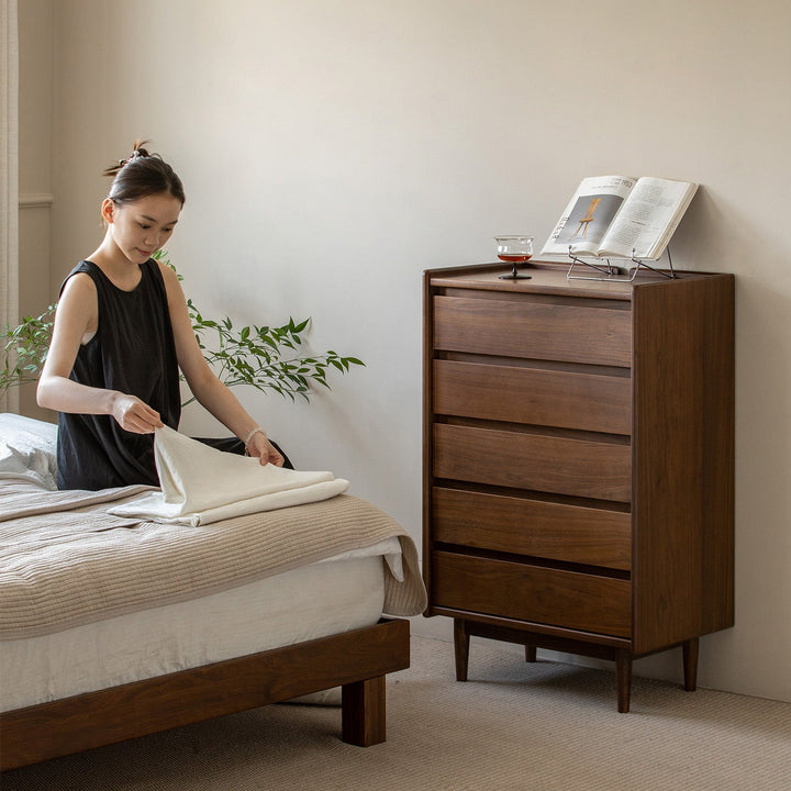 Vintage walnut wood chest of drawers vista in still life.