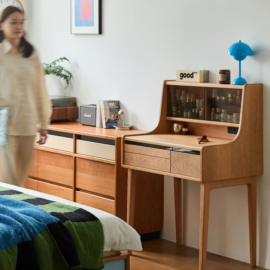 Scandinavian cherry wood dressing table floating vanity in still life.