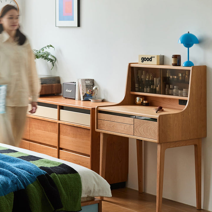 Scandinavian cherry wood dressing table floating vanity in still life.