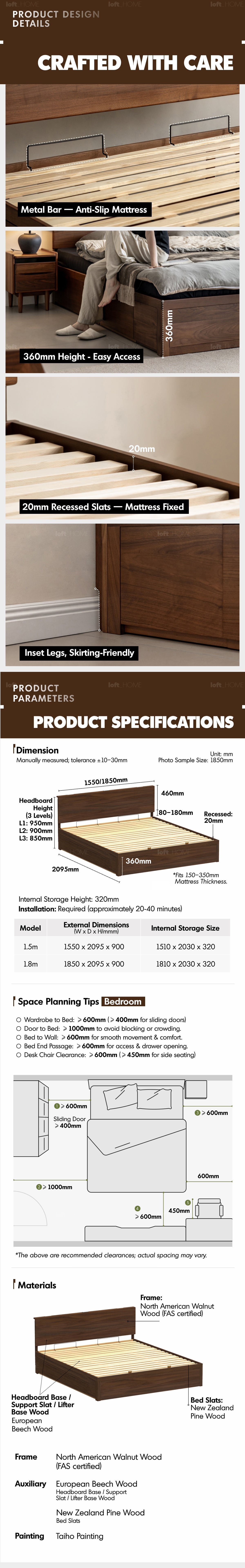 Japandi Walnut Wood Lift-Up Storage Bed With Drawer KANGAROO More Details and Instruction_10