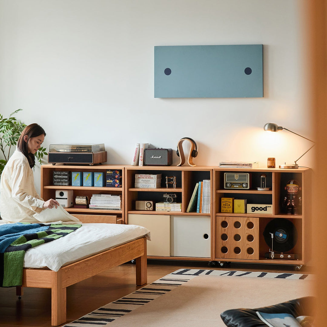 Scandinavian-cherry-wood-modular-cabinet-time in panoramic view.