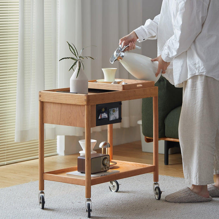 Scandinavian Cherry Wood Wheeled Trolley Side Table POCKET