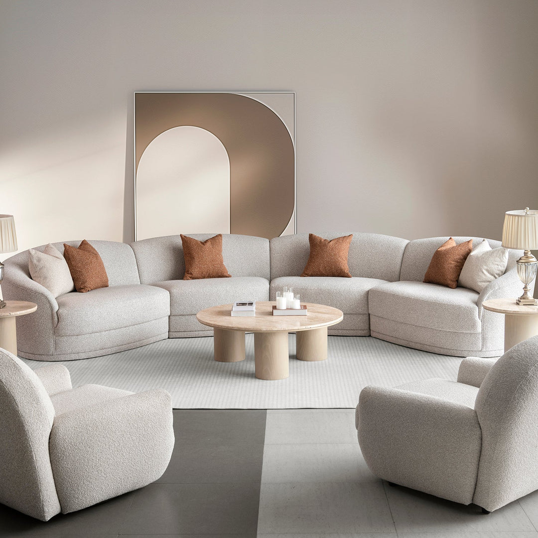 Modern boucle fabric modular sectional 5 seater sofa curva in still life.