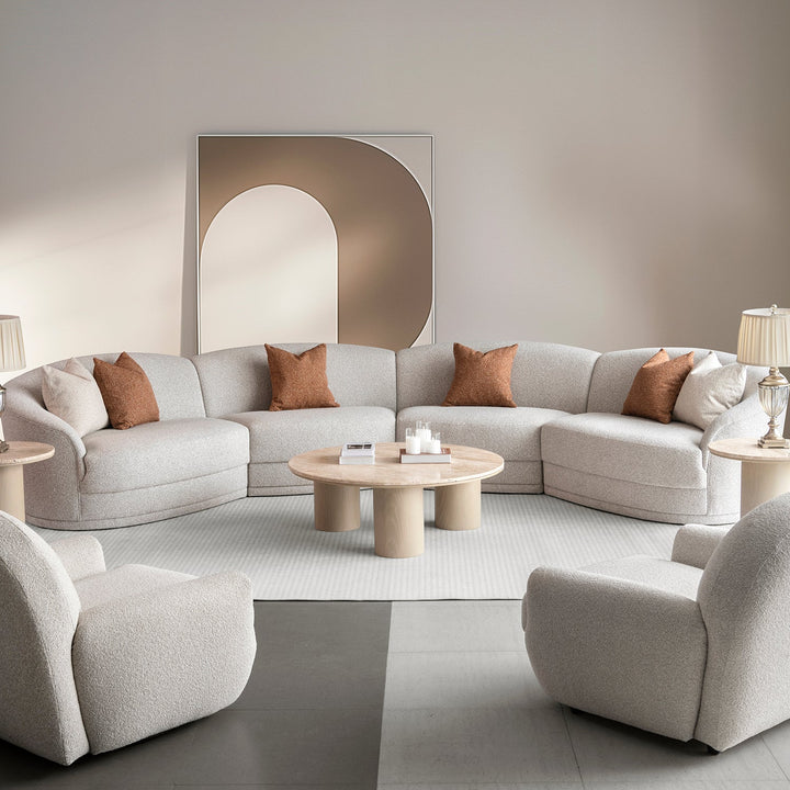 Modern boucle fabric modular sectional 5 seater sofa curva in still life.