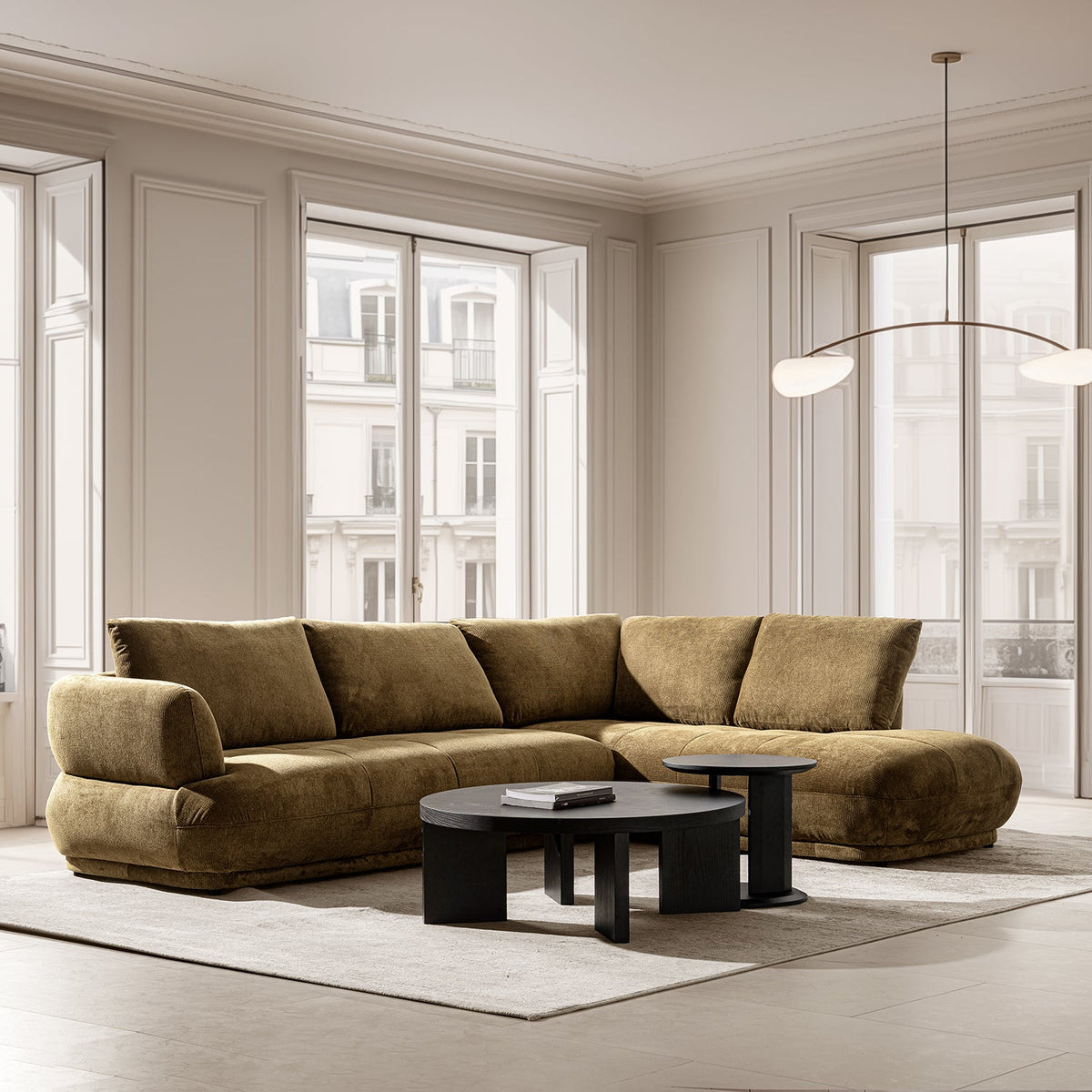 Cream cotton fabric modular chaise 2 seater sofa mossy primary product view.
