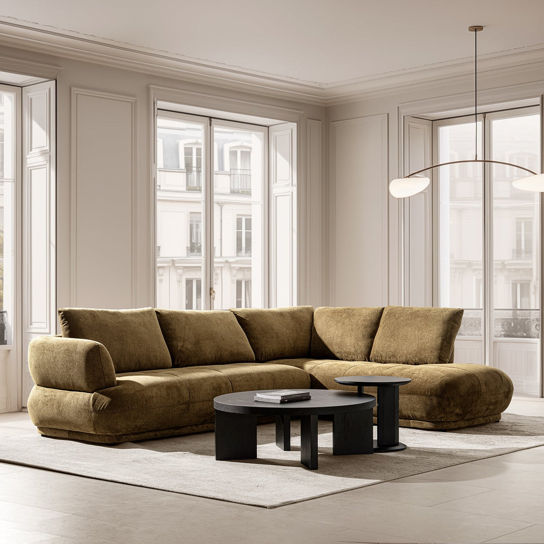 Cream cotton fabric modular corner 2 seater sofa mossy in close up details.