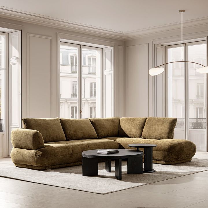 Cream cotton fabric modular corner 2 seater sofa mossy in close up details.