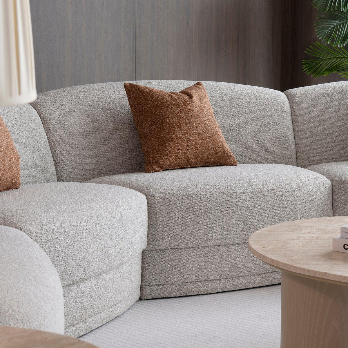 Modern boucle fabric modular armless 1 seater sofa curva material variants.