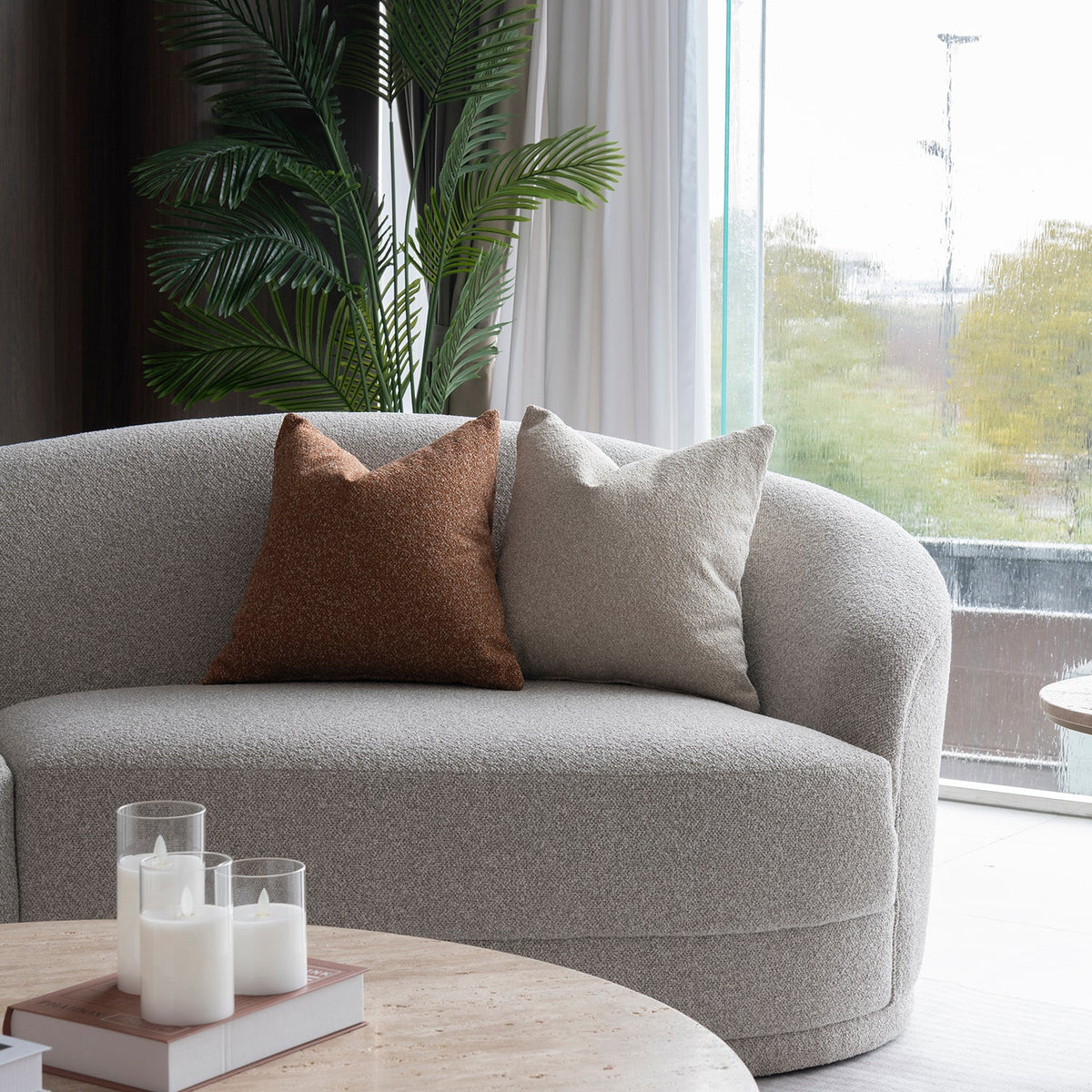 Modern boucle fabric modular sectional 5 seater sofa curva color swatches.