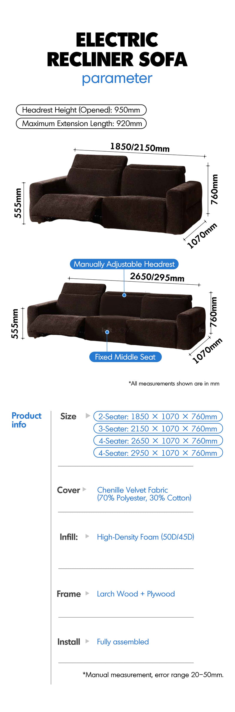 Cream Chenille Velvet Fabric Electric Recliner 2 Seater Sofa LOLO More Details and Instruction_11