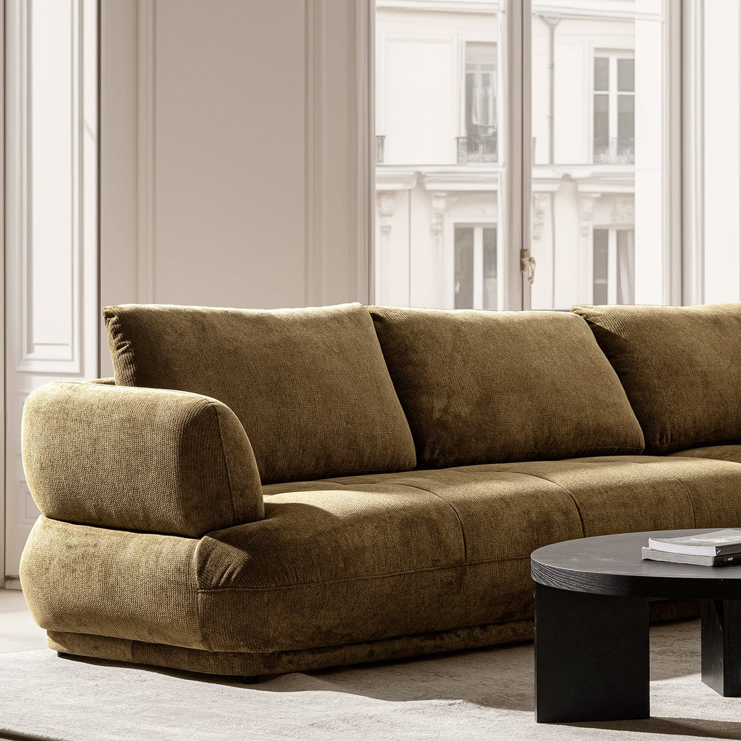 Cream cotton fabric modular corner 2 seater sofa mossy with context.
