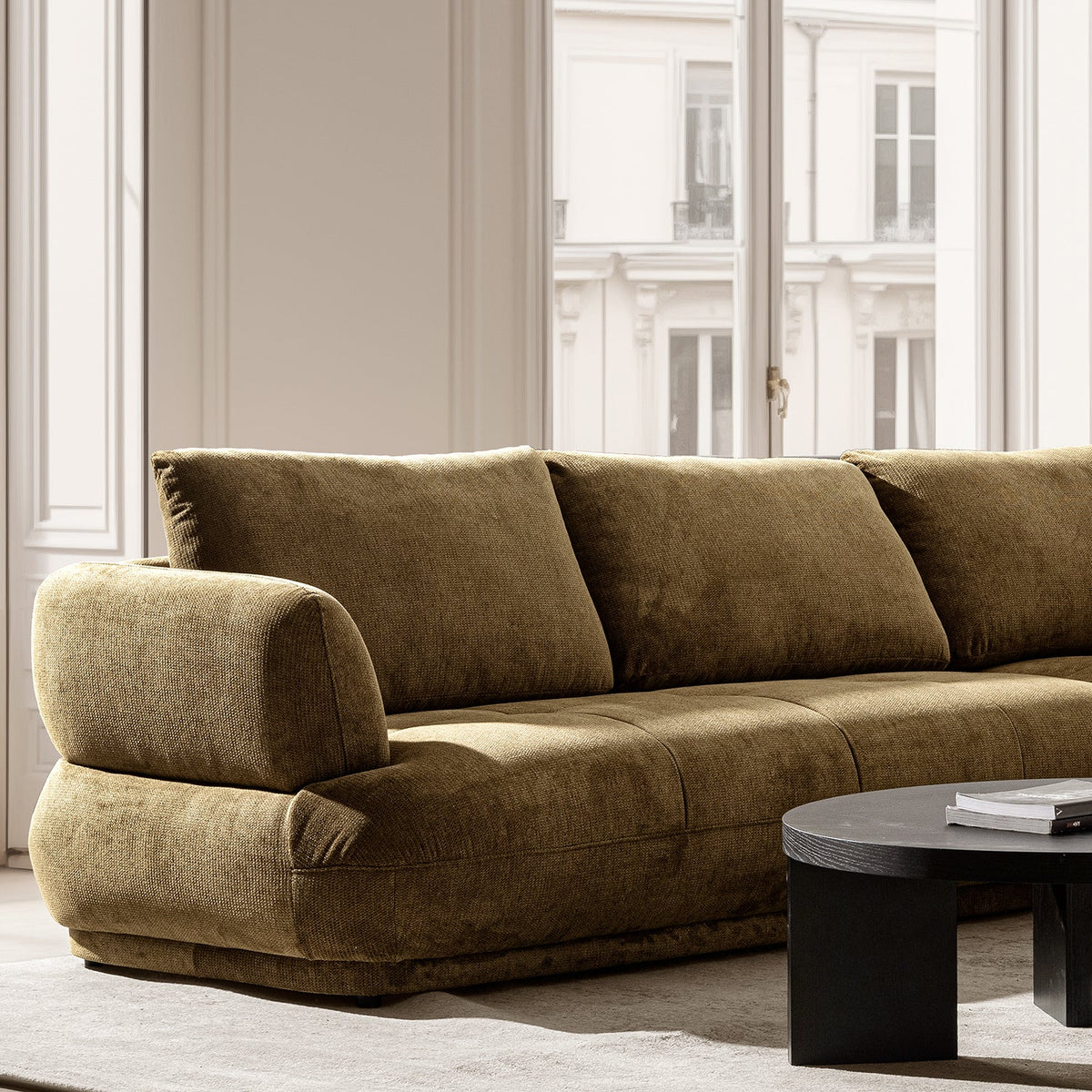 Cream cotton fabric modular corner 2 seater sofa mossy with context.