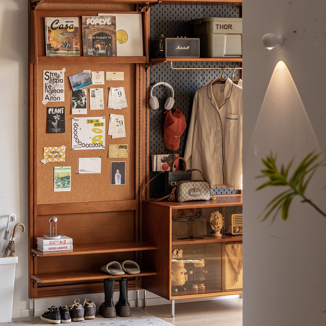 Vintage boxwood modular hanging wall shelf system muse entryway in close up details.