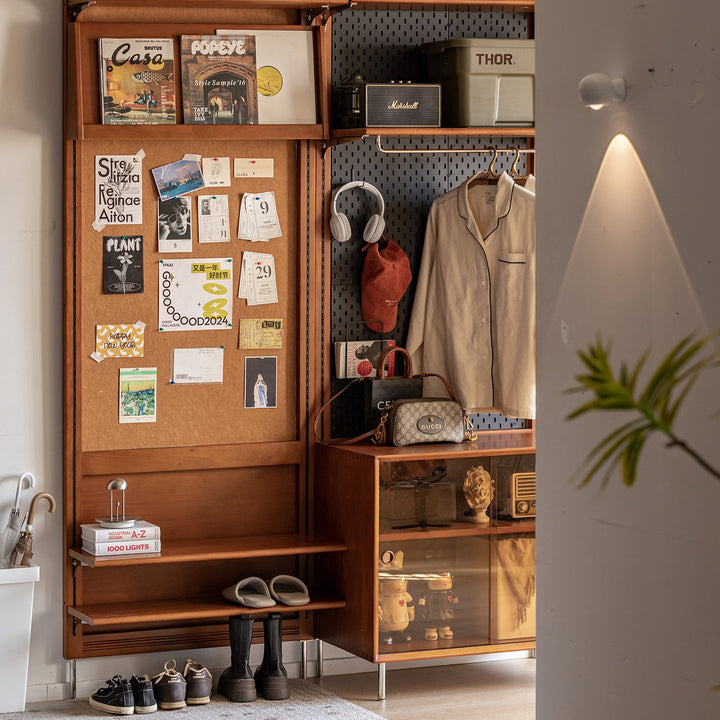 Vintage boxwood modular hanging wall shelf system muse entryway in close up details.
