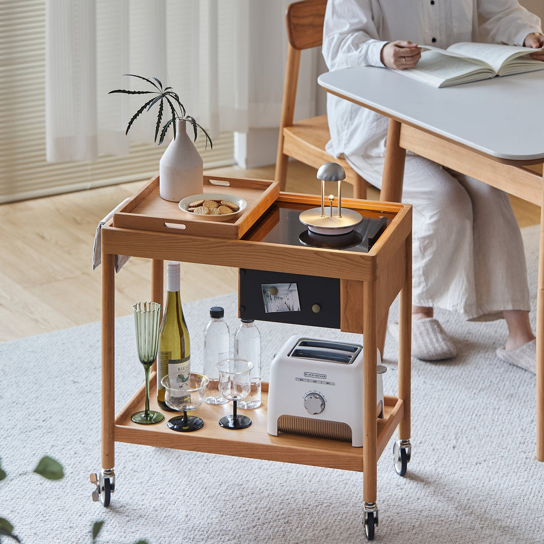 Scandinavian Cherry Wood Wheeled Trolley Side Table POCKET