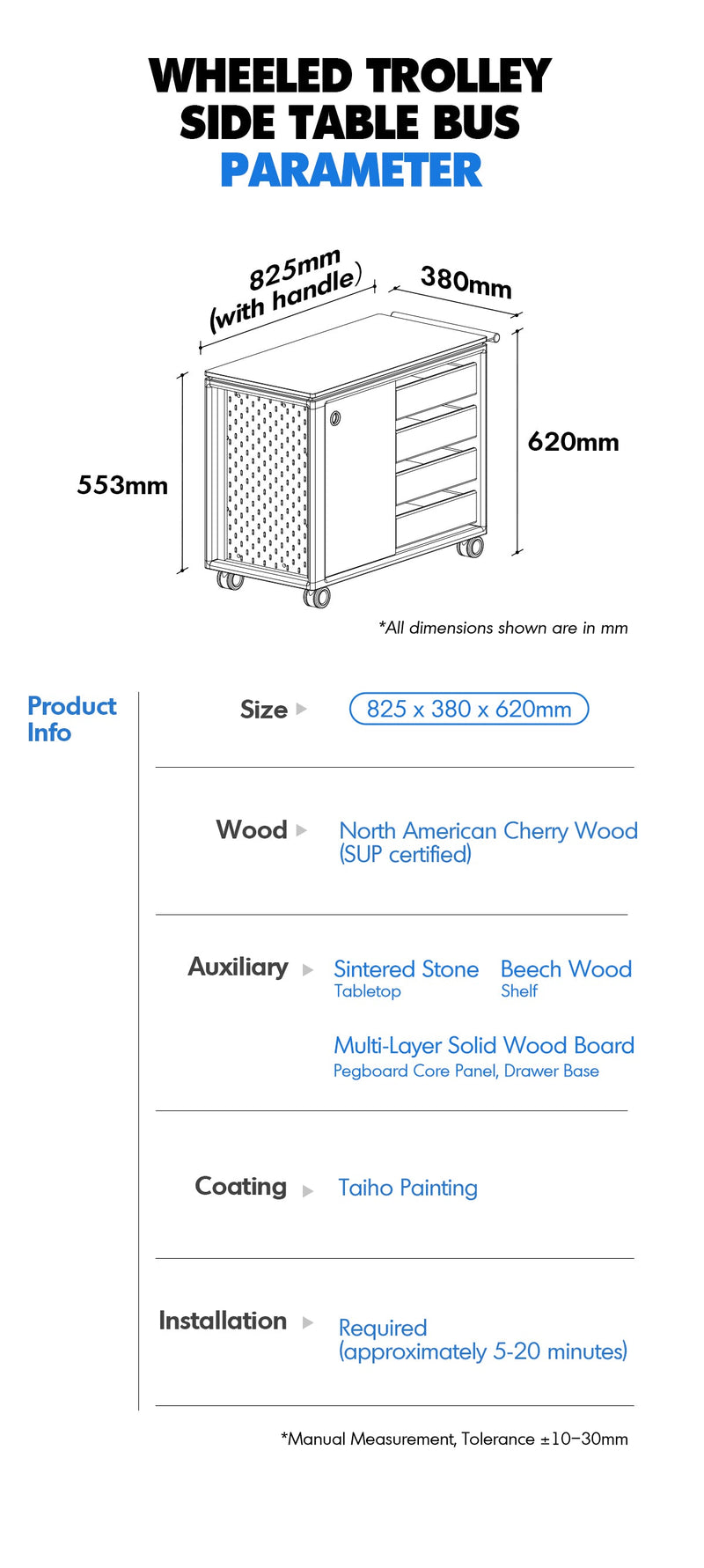 Scandinavian Cherry Wood Wheeled Trolley Side Table BUS More Details and Instruction_12
