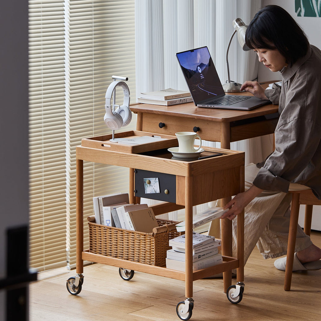 Scandinavian Cherry Wood Wheeled Trolley Side Table POCKET