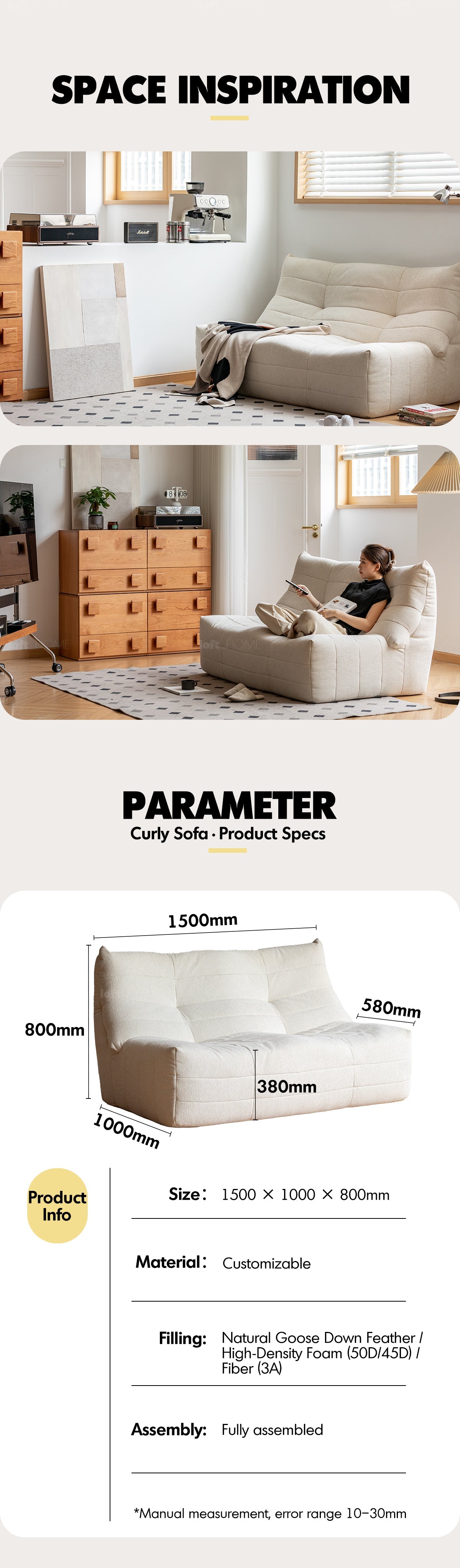 Cream Chenille Velvet Fabric 2 Seater Sofa CURLY More Details and Instruction_13