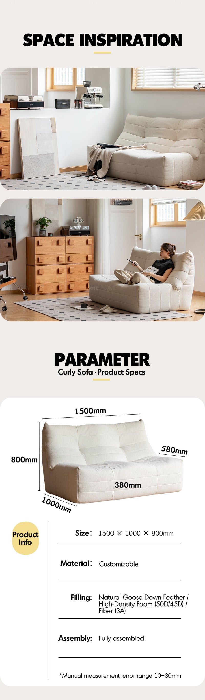 Cream Chenille Velvet Fabric 2 Seater Sofa CURLY More Details and Instruction_13