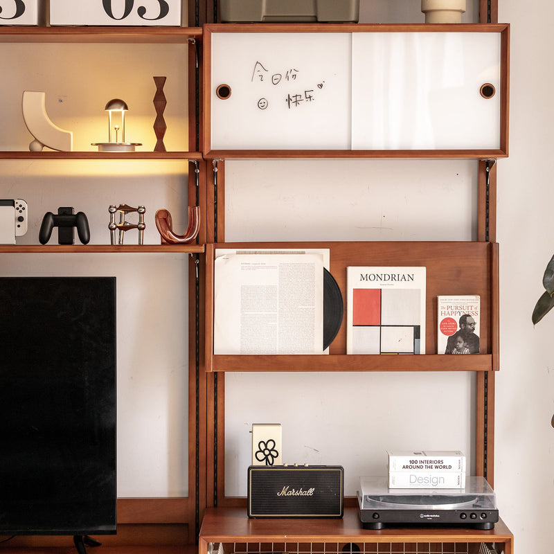 Bauhaus boxwood modular hanging wall shelf system muse dining in panoramic view.