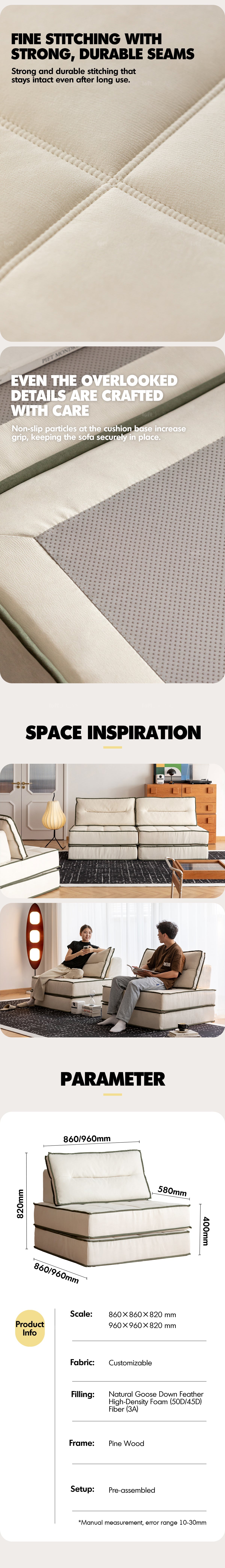 Scandinavian Cat Scratch Resistant Fabric Modular 1 Seater Sofa TIERED More Details and Instruction_16