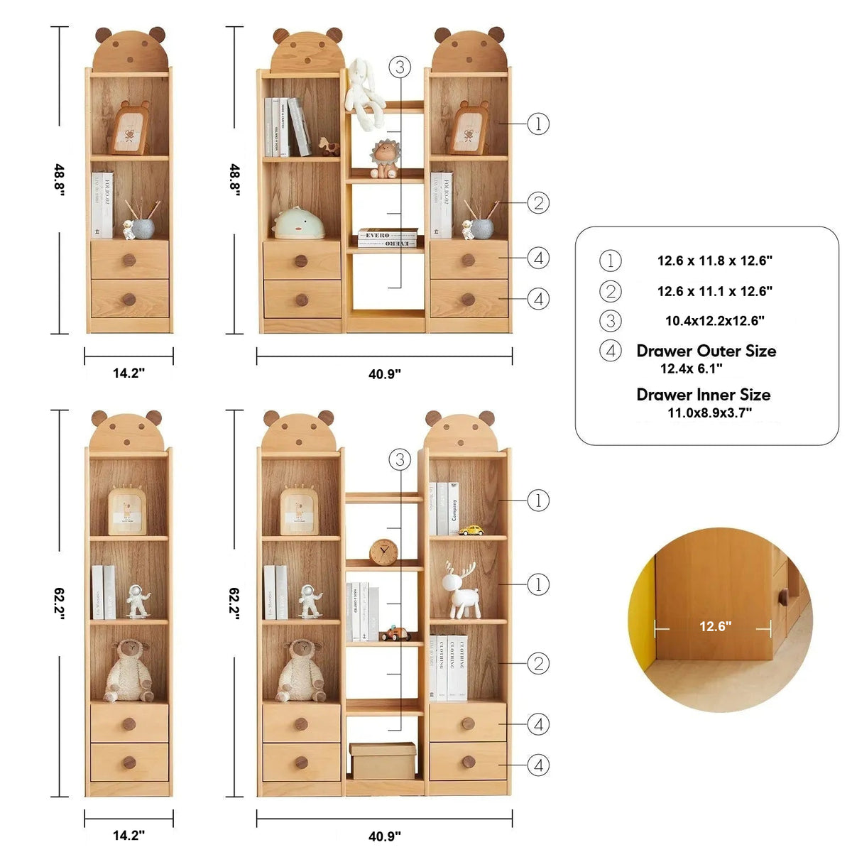 Scandinavian Wood Kids Bookshelf BEAR Size Chart