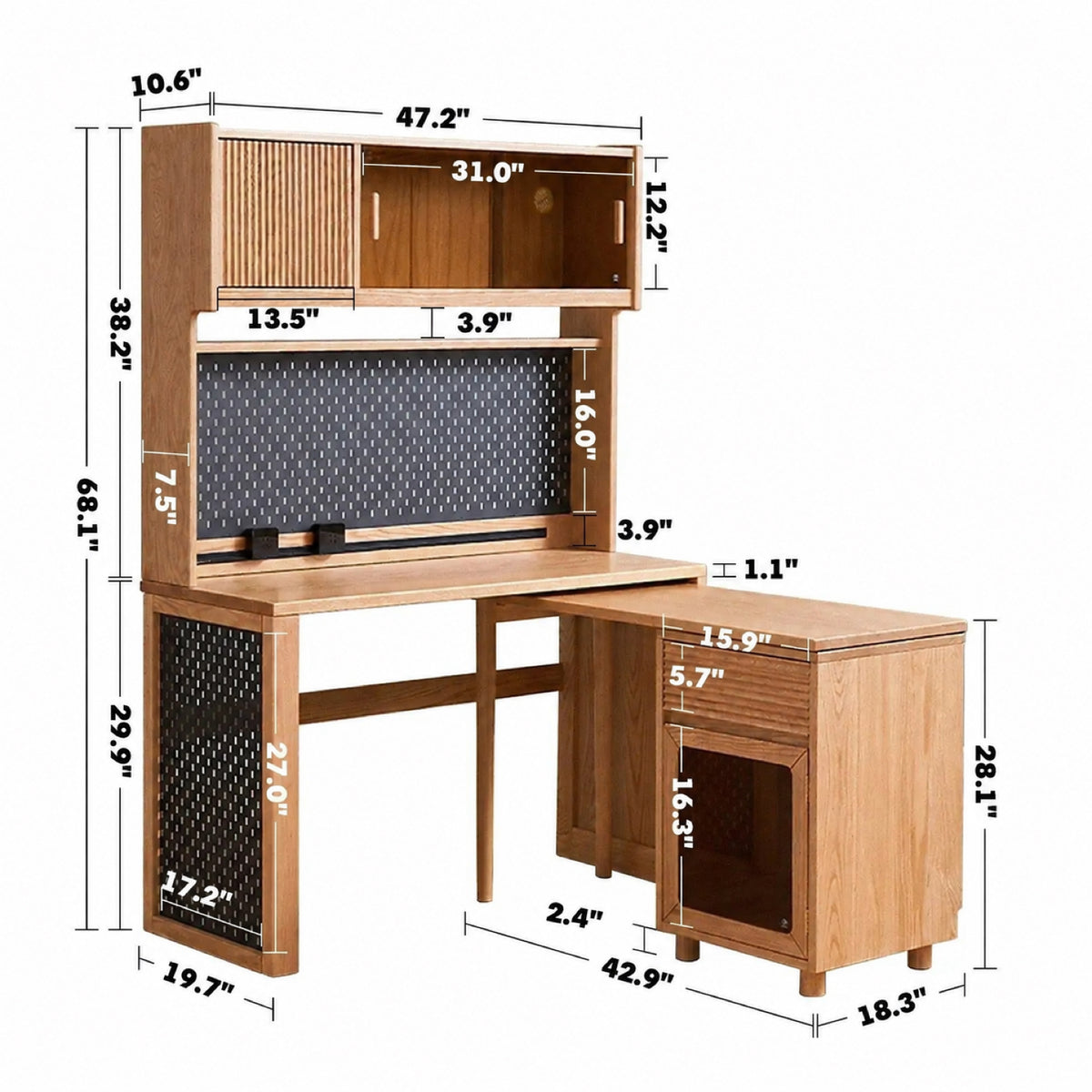 Scandinavian Wood Extendable Study Table With Shelf CORNER Size Chart