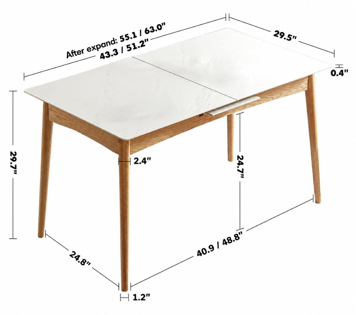 Scandinavian Extendable Sintered Stone Dining Table GRACEFUL CHARM Size Chart