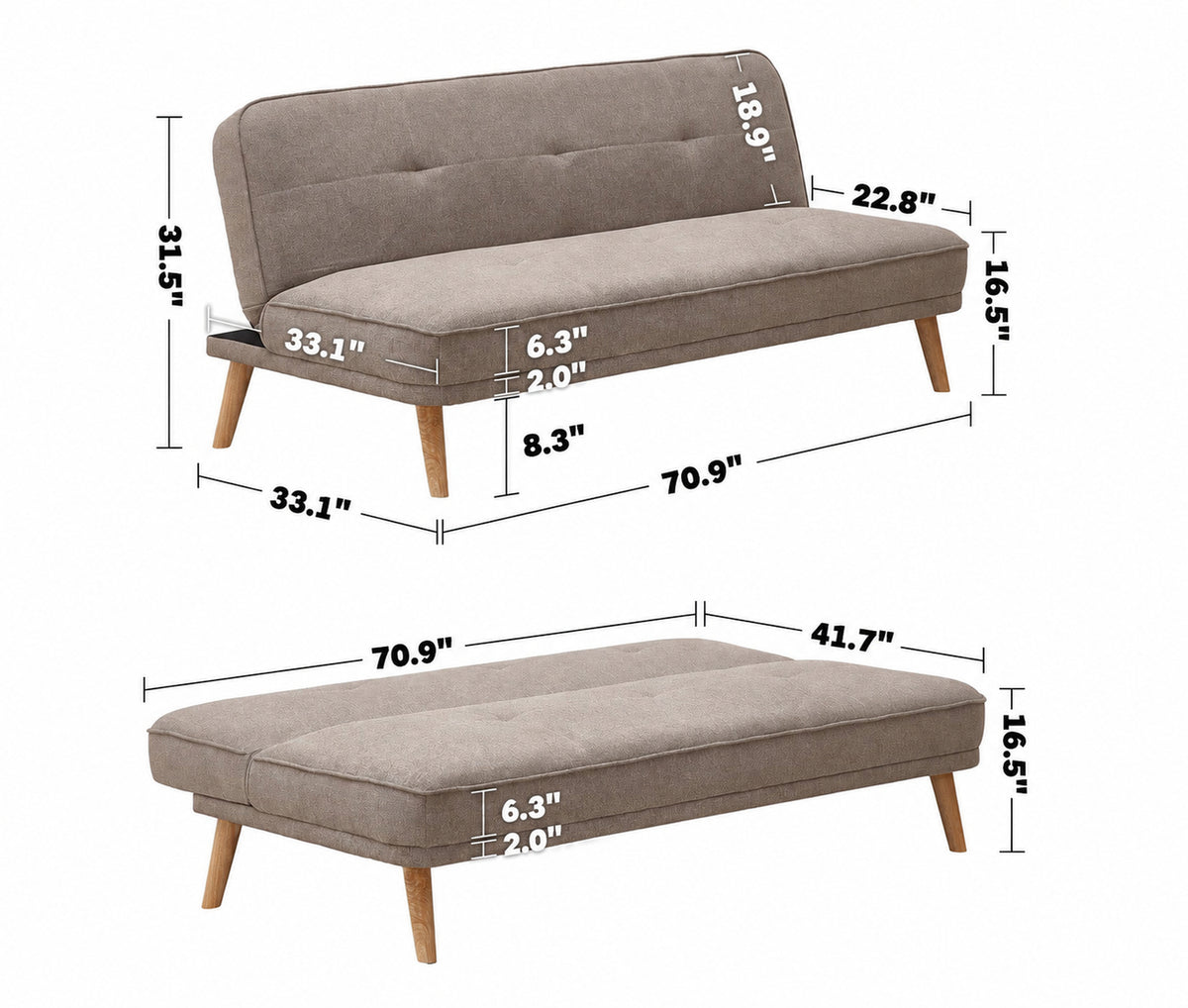 Scandinavian Fabric Sofa Bed FLEXI Size Chart