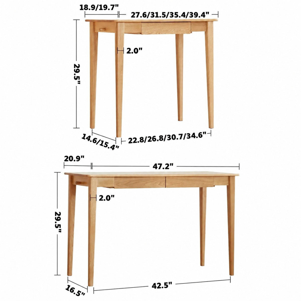 Scandinavian Wood Study Table BELLE Size Chart