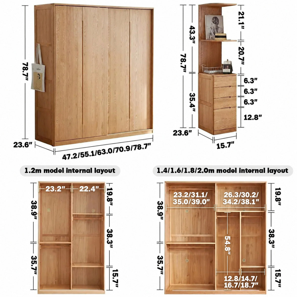 Scandinavian Wood Wardrobe BELLE SLIDE Size Chart
