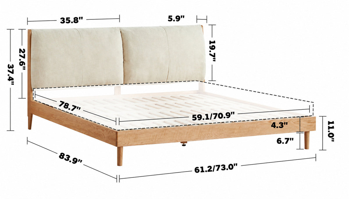Scandinavian Oak Wood Fabric Bed RUTLAND Size Chart
