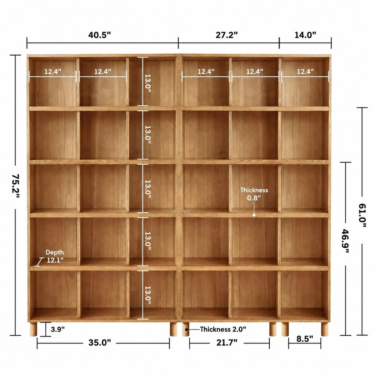 Scandinavian Oak Wood Bookshelf GERIN Size Chart