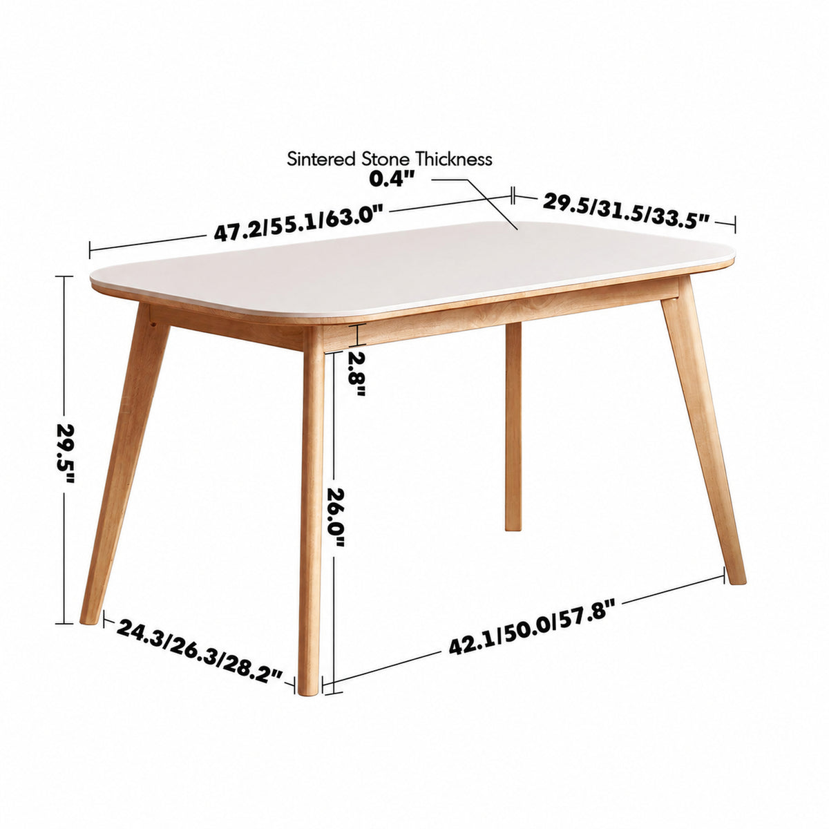 Scandinavian Rubber Wood Sintered Stone Dining Table TERRA Size Chart