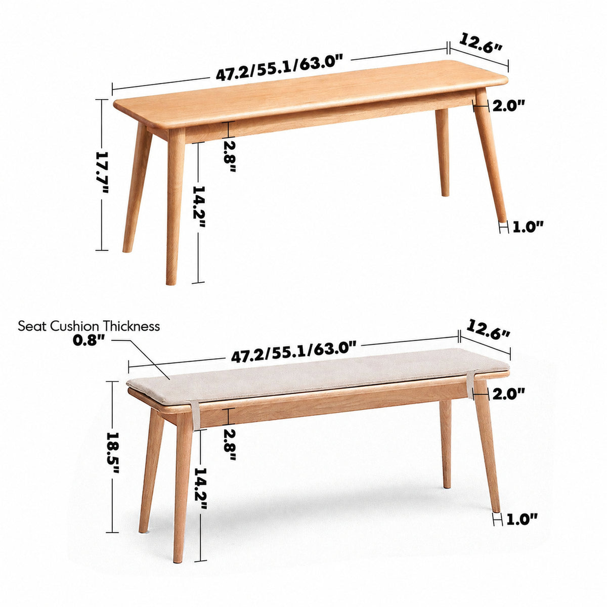 Scandinavian Oak Wood Dining Bench With Cushion SERENO Size Chart