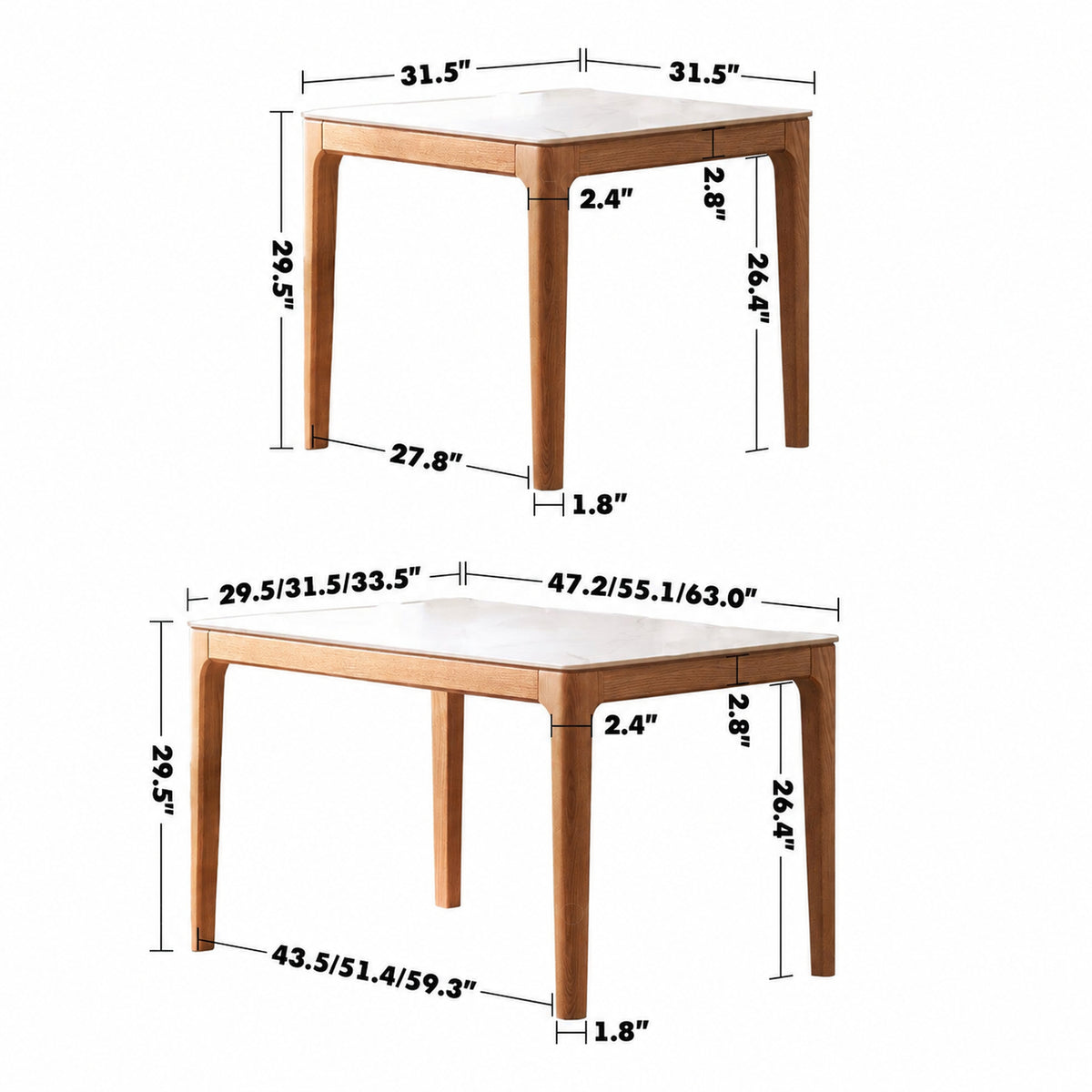 Scandinavian Oak Wood Sintered Stone Dining Table OAKLIN Size Chart