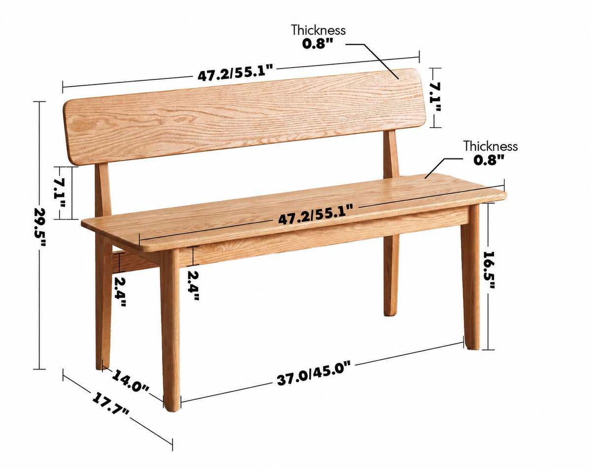 Scandinavian Oak Wood Dining Bench With Backrest RESTLY Size Chart