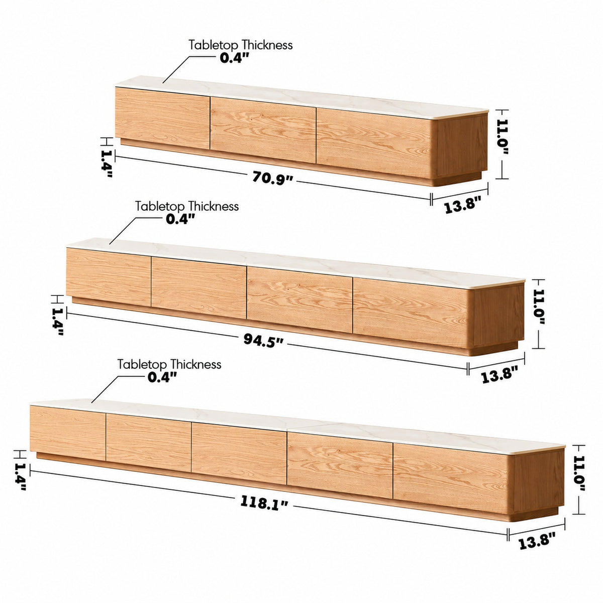 Minimalist Oak Wood Sintered Stone TV Console LINO Size Chart