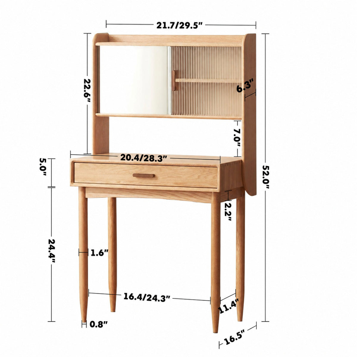 Scandinavian Oak Wood Dressing Table With Mirror NIA Size Chart