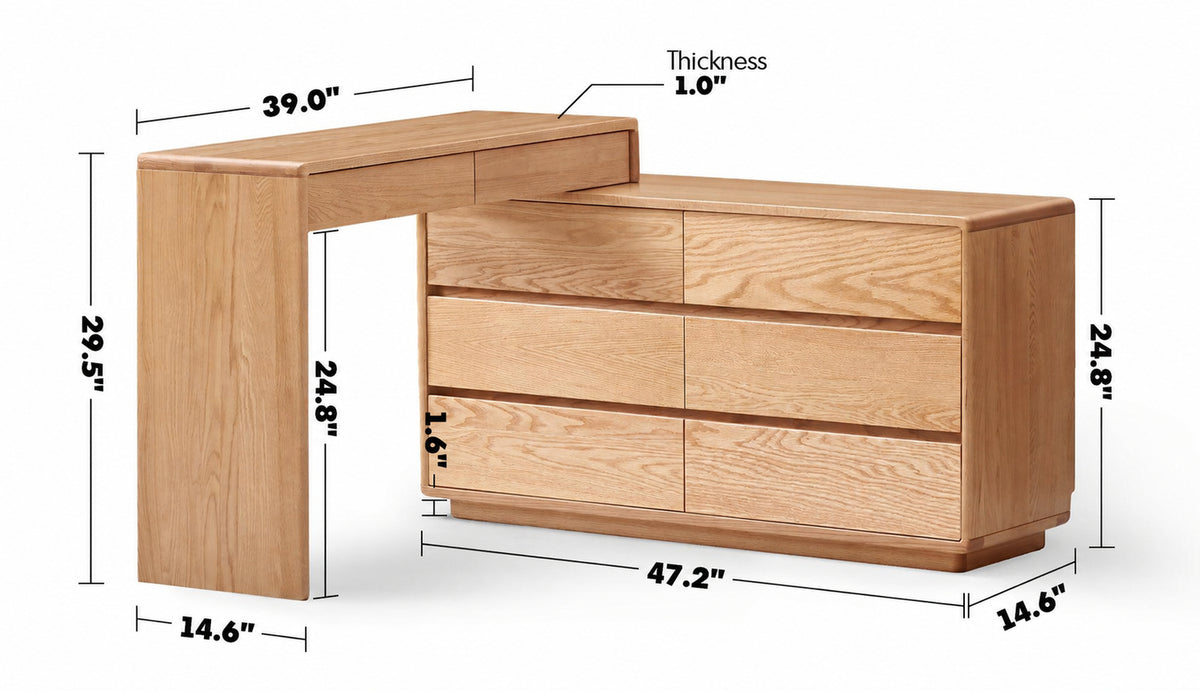 Scandinavian Oak Wood Extendable Dressing Table With Chest Of Drawers BLEND Size Chart