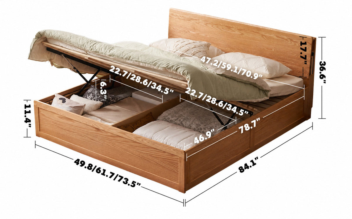 Scandinavian Oak Wood Storage Bed SHELTER Size Chart