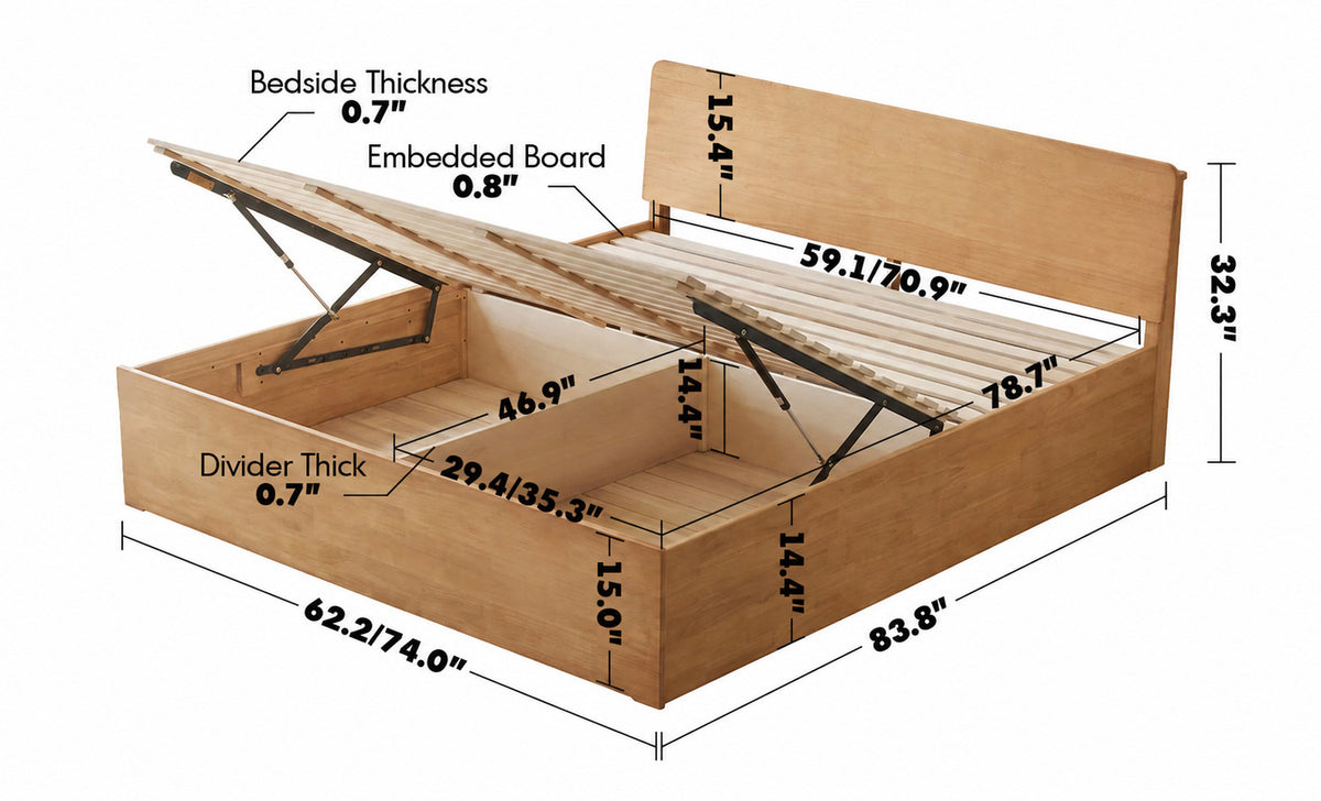 Scandinavian Rubber Wood Storage Bed BASE Size Chart